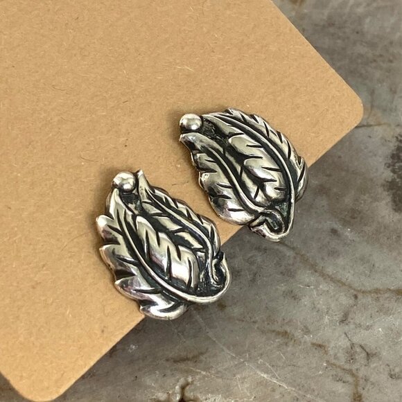VTG Sterling Silver 925 Leaf Foliage Screwback Earrings - Picture 9 of 16